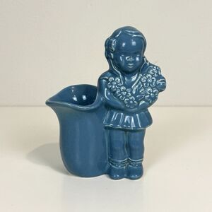 Vintage Red Wing Pottery #1345 Blue Girl with Bouquet Vase 6.5" Tall 1948